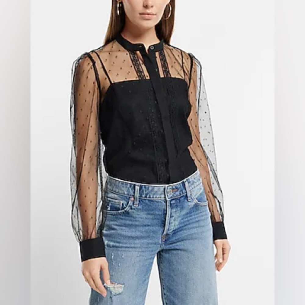 Express Tulle Polka Dot Long Sleeve Button Up Shirt